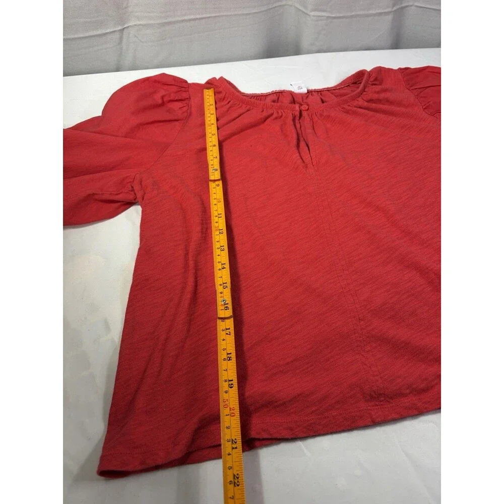 Old Navy Womens Large Red Cotton Slub Puff Sleeve Keyhole Blouse Top